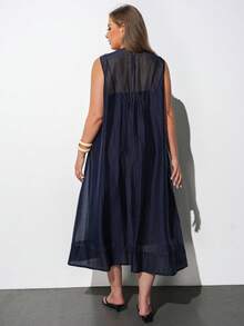 Maija Plus Size Women's Long Dress,Navy Blue Elegant Vacation Round Neck Sleeveless Loose Fit Soft Woven Fabric Modern Chic Office Autumn Outfit Halloween - Navy Blue - View 9