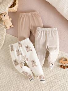 SHEIN 3 Pieces Set For Newborns: Khaki Striped Bear-Print Footed Pants Cute Cartoon Design, Soft Against The Skin, Loose And Comfortable Suitable For All Seasons Perfect For Everyday Wear, Vacations, And Outings - Brown - View 7