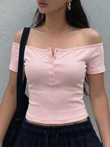 Dazy Star 女款夏季方領短袖粉色街頭休閒T恤 - 粉色 - 查看 4
