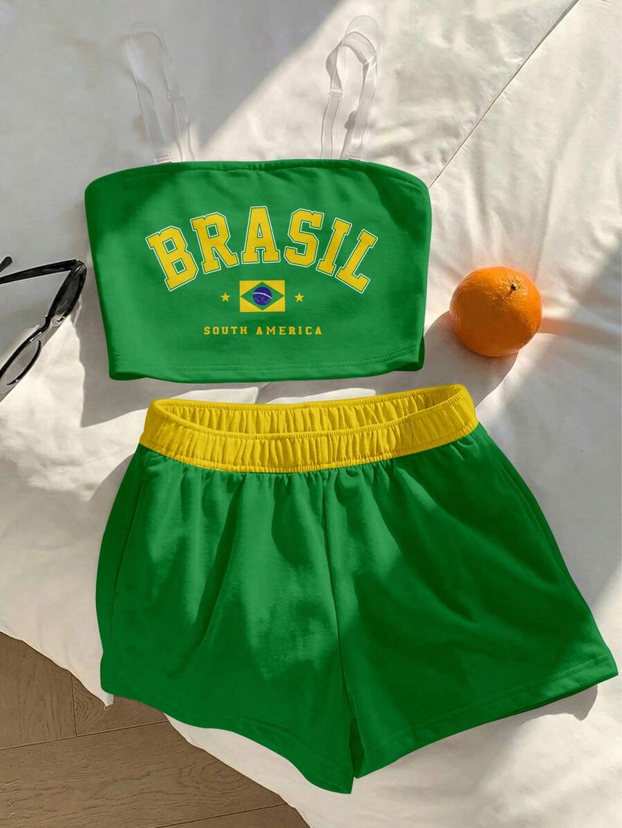 復古時尚綠色字母 BRAZIL、鮮豔陽光黃、金色星芒、金海岸、拼色領條紋運動風 - 彩色 - 查看 1