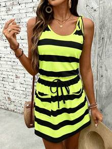 EMERY ROSE Vacation Casual Striped Sleeveless Mini Dress - Green - View 5