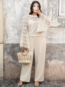 Lacomfia Conjunto de 2 piezas para mujer talla grande con top largo de manga acampanada con calados y pantalones estilo bohemio - Albaricoque - Ver 3