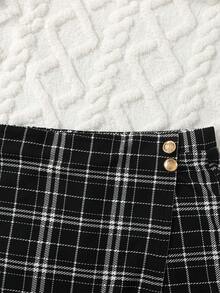 SHEIN 青少年女孩修身休閒極簡舒適高領套頭T恤與格紋秋季裙套裝 - 白色 - 查看 4