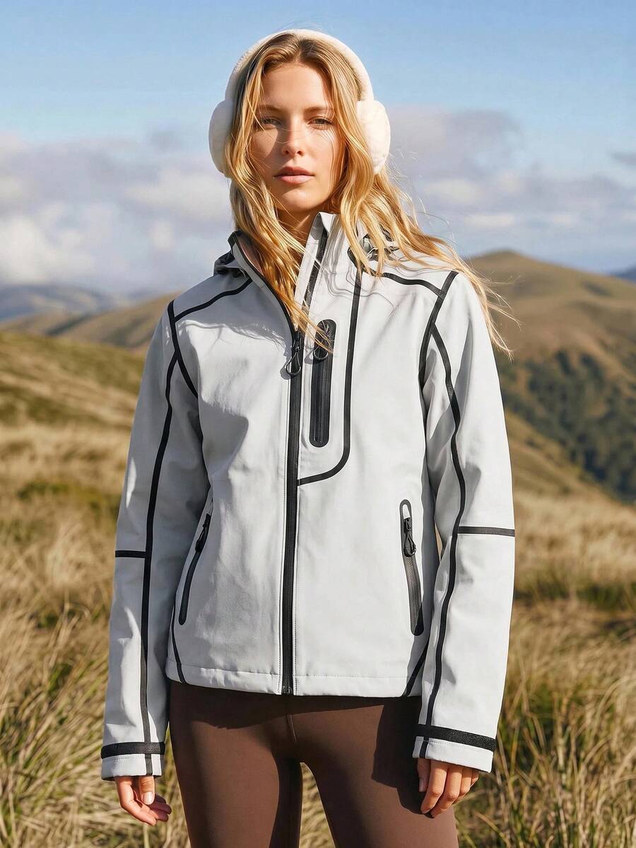 WanderVale 1pc Contrast Piping Zip Up Hooded Outdoor Insulated Jacket Sports - Light Grey - View 1