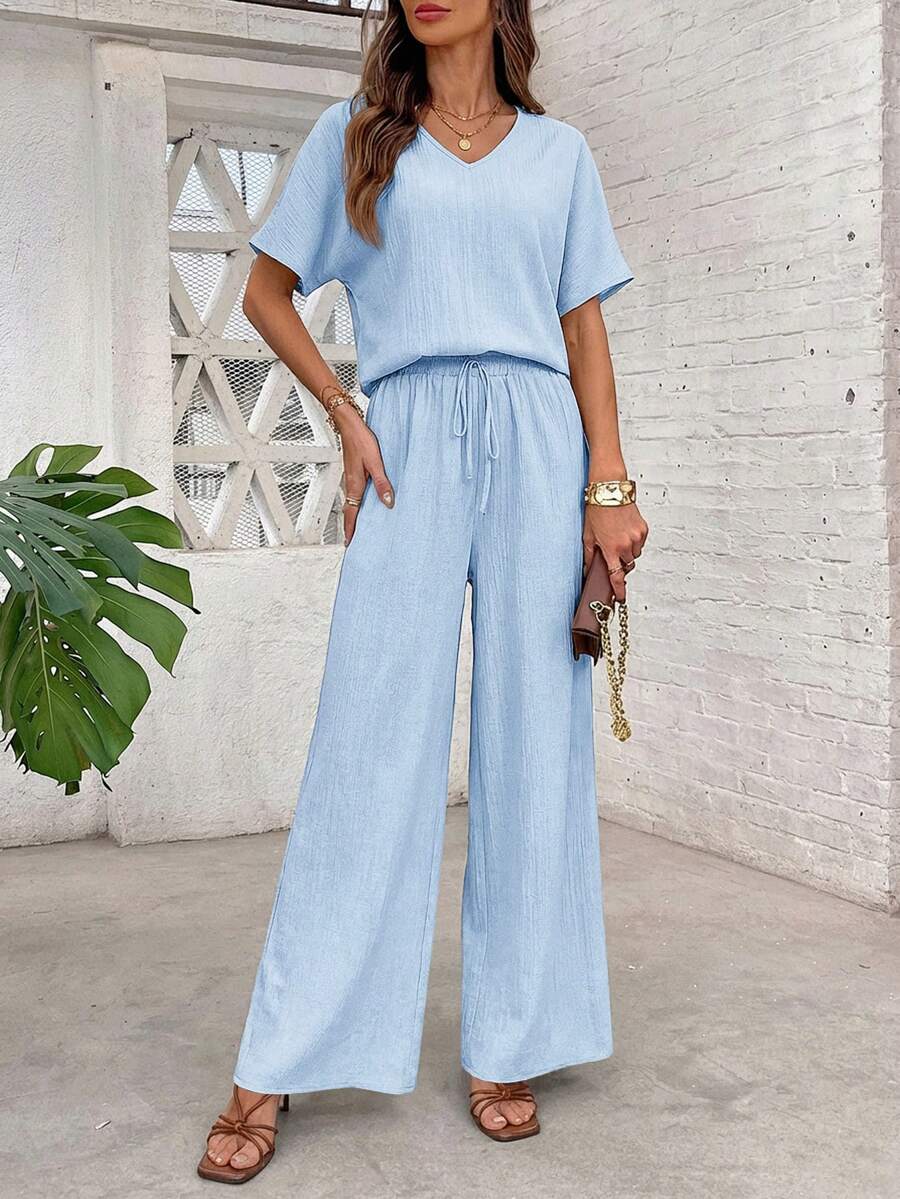 SHEIN Clasi 女款優雅簡約休閒V領上衣寬腿褲葉子印花兩件套度假淺藍色夏季 - 淺藍色 - 查看 1