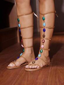 Glitzique 2024 Women's Summer New Elegant & Comfortable Buckle Tie Colorful Gem & Pearl Beachwear Flat Sandals, Viral Bestseller - Brown - View 4