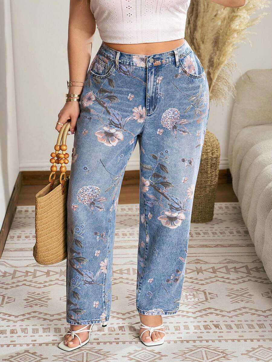 SHEIN Holidaya Plus Size Women's Floral Pattern Patch Pocket Casual Traditional Loose Fit Jeans Brunch Formal Blue And White Summer - Blue - View 1