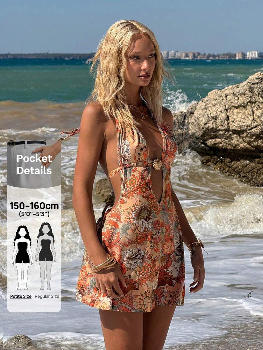 SHEIN ICON Petite Vestido mini con estampado floral sin espalda y cuello halter para vacaciones en la playa - Multicolor - Ver 1