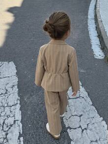 Hapijoa Asymmetric Lapel Design Shirt Casual Set + Straight Leg Pants Young Girls Shirt Set Fall - Khaki - View 4