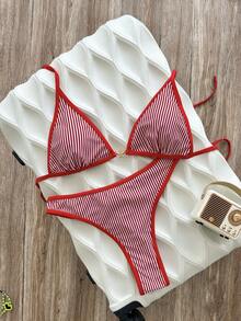 Bonvoyette Women's Beach Party Vacation Casual Sexy Tropical Red And White Stripe Cute Lace-Up Backless Front Starfish Swimwear Set Summer - Red - View 4