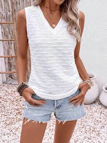 EMERY ROSE Top de tirantes casual versátil de punto texturizado con cuello en V, nuevo y de exitosa para mujer, primavera/verano, fácil de combinar - Blanco - Ver 7