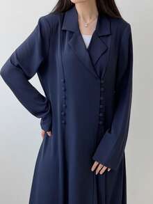 Yasmeen Edit Yasmeen Edit Elegant Abaya Jacket With Headscarf, Padded Shoulders, Solid Color, Front Button Closure, Side Slit Spring - Navy Blue - View 4