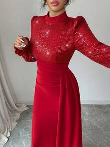 SHEIN Elenzya Robe de soirée élégante et glamour pour femme avec sequins, pour invitée de mariage, cocktail, Nouvel An et Noël, à manches longues, taille cintrée, évasée et fluide - Rouge - Voir 7
