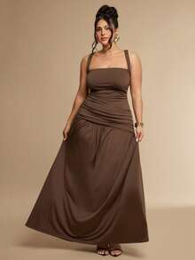 SHEIN BAE CURVE Đầm nữ size lớn thời trang đi du lịch cổ vuông xếp ly màu nâu - màu nâu - Xem 1