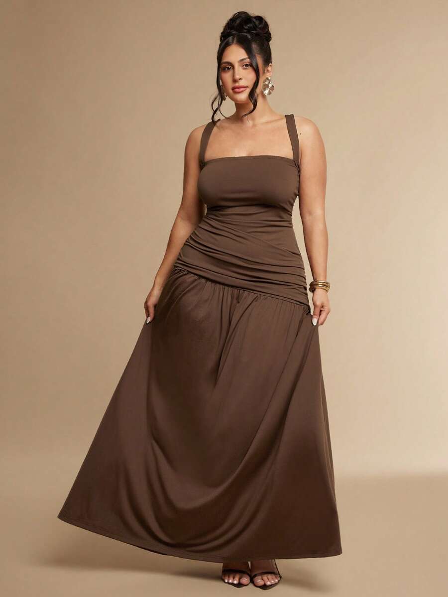 SHEIN BAE CURVE Đầm nữ size lớn thời trang đi du lịch cổ vuông xếp ly màu nâu - màu nâu - Xem 1