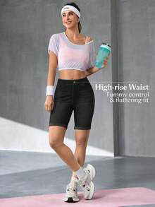 SHEIN Essnce 女款彈力修身中高腰牛仔百慕達短褲 - 黑色 - 查看 5