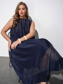 Maija Plus Size Women's Long Dress,Navy Blue Elegant Vacation Round Neck Sleeveless Loose Fit Soft Woven Fabric Modern Chic Office Autumn Outfit Halloween - Navy Blue - View 7