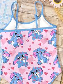 Cute Pink Heart Lip Print Cartoon Blue Rabbit Lulu, Tween Girl Casual Simple Colorful Pattern Camisole One-Piece Swimsuit Suitable For Summer - Multicolor - View 3