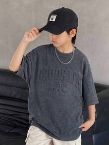 Kids Tween Boy Casual Simple Snowflake Knit Grey Short Sleeve 3D Embossed Letter Y2K Pattern Pullover Crew Neck T-Shirt, Suitable For Back To School, Outings, Gatherings, Vacations, Spring And Summer - Grey - View 1