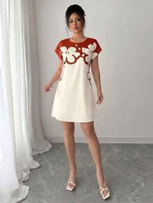 SHEIN Elenzya Standard Size Exquisite Elegant Women's Daily Casual Formal Commute Family Gathering Short Sleeve Dress - Multicolor - View 3