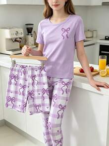 Girls' Sweet Cute Elegant Casual Daily Minimalist Fashion Soft Skin-Friendly Knit High-Stretch Tight Fabric Purple Bow Plaid Heart Cartoon Print Pattern Round Neck Short Sleeve Top With Shorts And Long Pants Pajama Set 3-Piece Loungewear Set - Purple - View 5