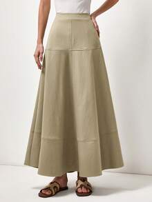 Briarwyn Elegant Solid Color High Waist Patchwork Flared Skirt Structure Commuter Casual Light Retro Daily Travel Workplace Office Women's Long Skirt - Khaki - View 7