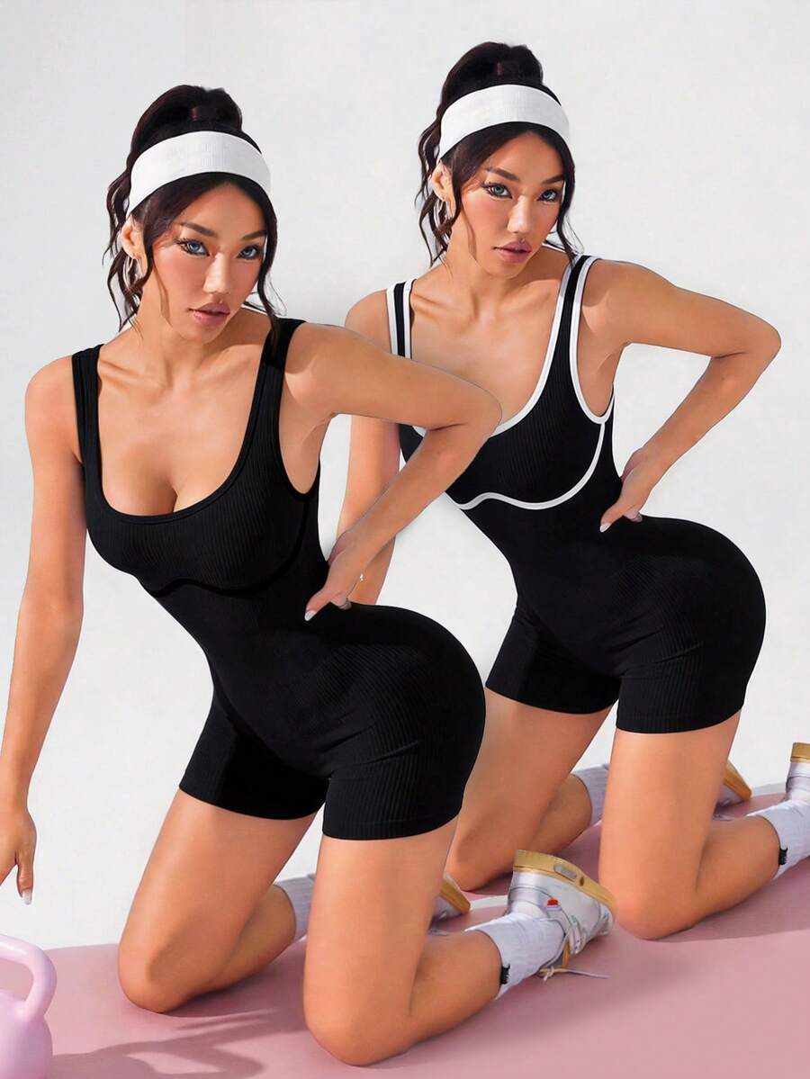 SHEIN With My Calm 吊带连体裤,蜜桃臀设计,女士普拉提健身服,露背空中瑜伽连体裤,新品上市 - 黑與白 - 查看 1