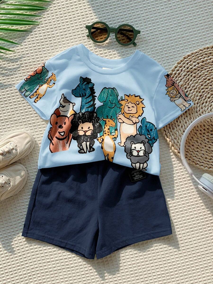 Young Boy Casual Simple, Cute Style, Cartoon Animal Print, Playful, Hand-Drawn, Cartoon Pattern Print Crew Neck Dropped Shoulder Loose Fit Knit Top Suitable For Spring And Summer - White - View 1