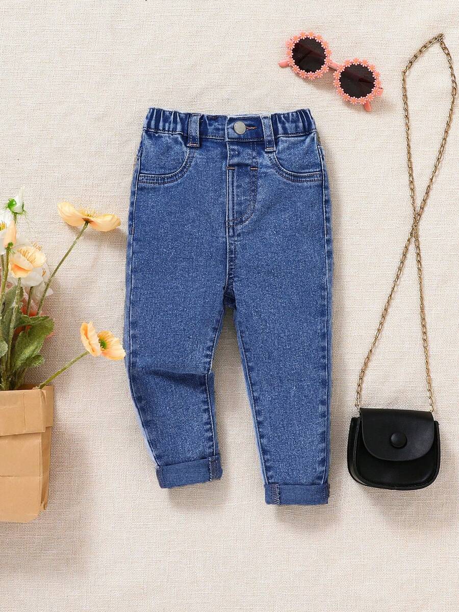 SHEIN Pantalones de mezclilla azul casuales y de moda con pierna recta y banda de cintura con botón para bebé niña, jeans lindos para ropa de regreso a la escuela en otoño, ropa de otoño para bebé niña - Azul lavado oscuro - Ver 1