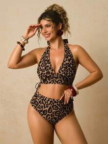 Travachic Plus Size Women's Summer Beach Leopard Print Halter Neck Tie Sexy Bikini And Triangle Bottoms Two-Piece Swimsuit Set Bathing Suits For Women - Multicolor - View 5