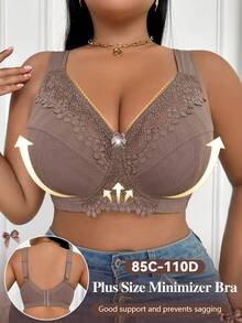 DesireSculpt 1pc Romantic Lace Patchwork Comfortable Adjustable Bra, Spaghetti Strap, Lift & Support, Underwire, Plus Size - Mocha Brown - View 1