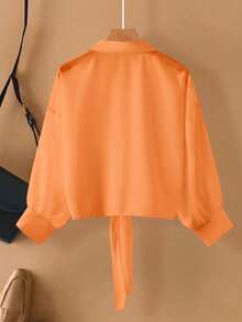 Calvaya Plus Size Solid Color Front Button-Up Knot Casual Long Sleeve Shirt Fall Cloth For Women - Orange - View 2