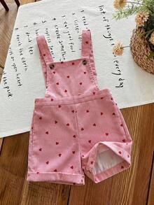 LMoss Kids Baby Girl Woven Heart Pattern Overall Romper - Pink - View 4