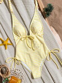 Swim Mod Women's Summer Beach Vacation One-Piece Swimsuit, Knitted Jacquard Fabric, Halter Backless Slimming High-Cut Yellow Tropical Coastal Sexy - Multicolor - View 3
