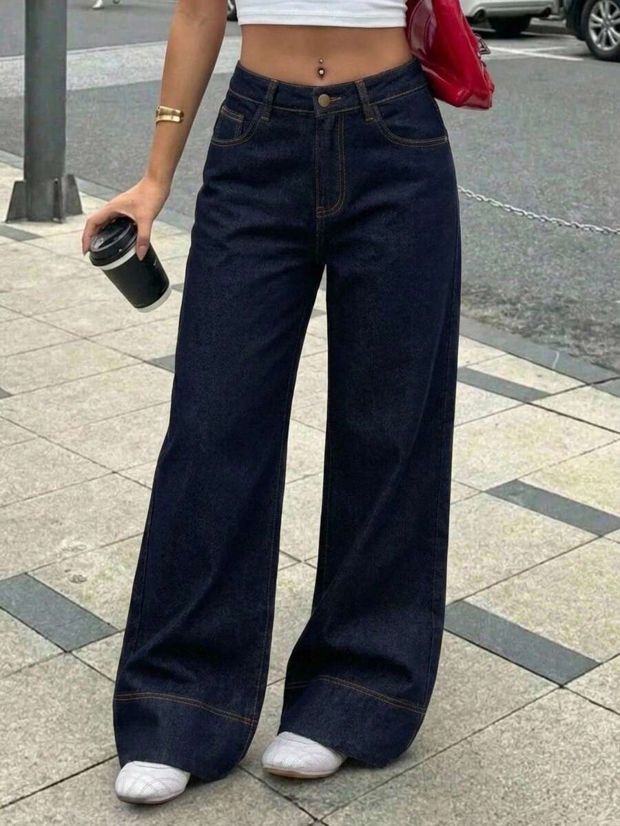 SHEIN 青少年女孩寬鬆喇叭腿深藍色牛仔褲 90年代復古寬鬆口袋休閒高腰牛仔褲 百搭牛仔喇叭腿褲 Y2k, 女孩教師, 返校, 教堂, 商務休閒女孩, 街頭風, 時尚百搭, 返校季, 街頭, 花園, 海灘度假節慶派對婚禮畢業舞會生日休閒度假黑色長褲 - 藍色 - 查看 1