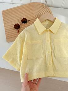SHEIN LMoss Kids LMoss 青少女梭織素色寬鬆短版休閒襯衫 - 黃色 - 查看 4