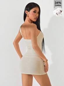 SHEIN PETITE 金色胸针装饰不对称领口褶皱鱼尾裙单肩连衣裙，秋季婚礼宾客礼服，派对礼服，女士性感单肩连衣裙 - 杏色 - 查看 2