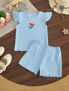 Conjunto de 2 piezas con top de manga corta con volantes y cuello redondo con patrón bordado y pantalones cortos - Multicolor - Ver 4
