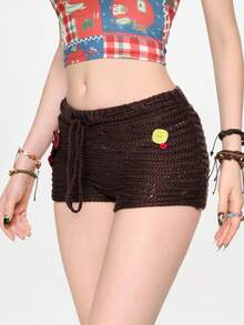 ROMWE Fairycore Cute Ladybug Print Shorts, Women Knit Pants, Spring/Summer - Brown - View 9