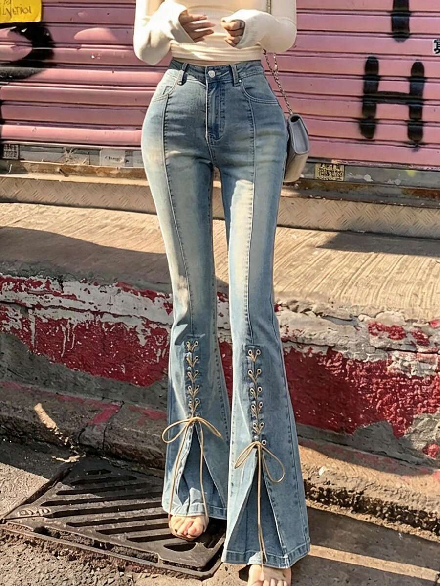 DAZY 女款休閒街頭風 Y2K 90年代水洗交叉綁帶牛仔褲,淺藍色,適合日常、夏季夜晚外出 - 藍色 - 查看 1
