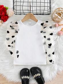 Young Girl Solid Color Round Neck Contrast Mesh Gigot Sleeve Casual T-Shirt - White - View 2