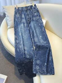 GlowEve Damen Lässig Blumen Muster Weite Bein Jeans, geeignet für Urlaub, täglichen Weg zur Arbeit - Mittele Waschung - Übersicht 3