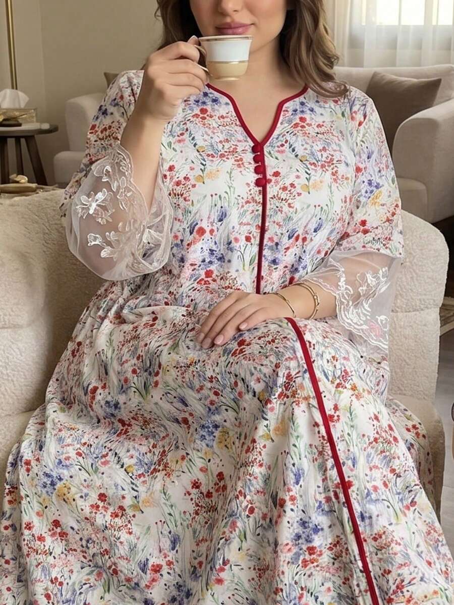 Al Najma Plus Size Women's Loose Arabic Style Midi Dress, 3/4 Sleeve With Chiffon Cuff Splice, Suitable For Summer Everyday Wear - Multicolor - View 1