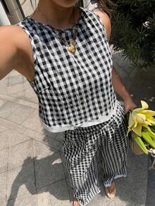 Serisse Women's Vacation Plaid Round Neck Tank Top And Pants Casual European Two Pieces Set Vacation Black Gingham Summer - Black and White - View 7