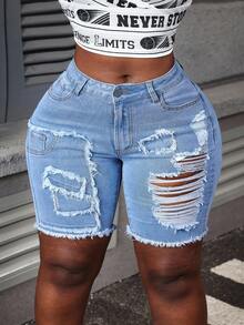 Slaydiva Plus Size Summer Casual Washed Distressed Denim Shorts - Light Wash - View 3