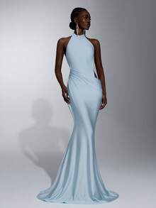 Elitara Elegant Blue Hollow Halter Neck Side Ruched Cutout Backless Bodycon Fishtail Formal Evening Gown Party Wedding Guest Spring - Baby Blue - View 8