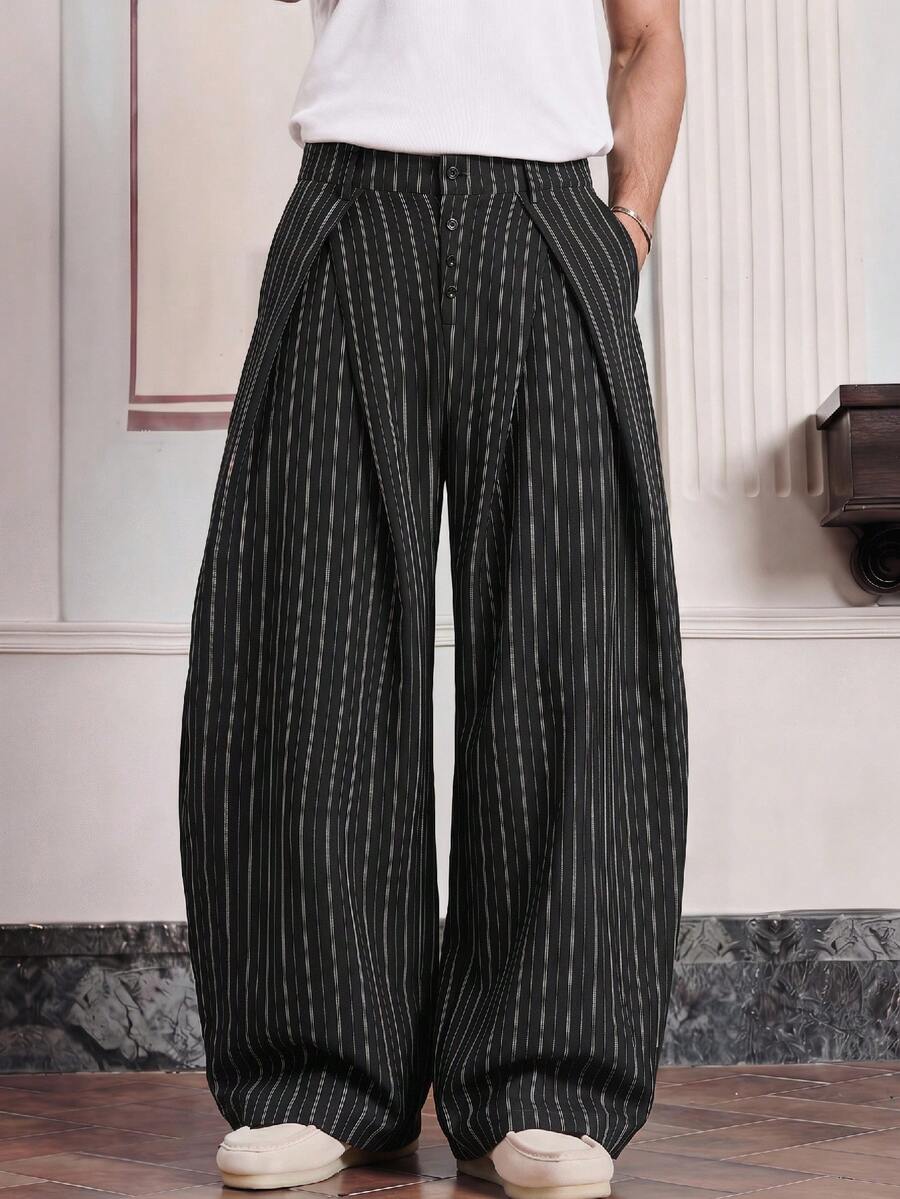 SWAVVY Men's Striped Pleated Loose Wide Leg Trousers With Pockets, Dinner - Black - View 1