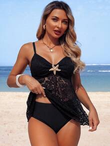 Swim Lushoire Women's Summer Holiday Beach Pool Party Vacation Outfit, Knitted Lace Thick Strap Crop Top Starfish Decor High Waist Triangle Tankini Set Black Sexy - Black - View 1