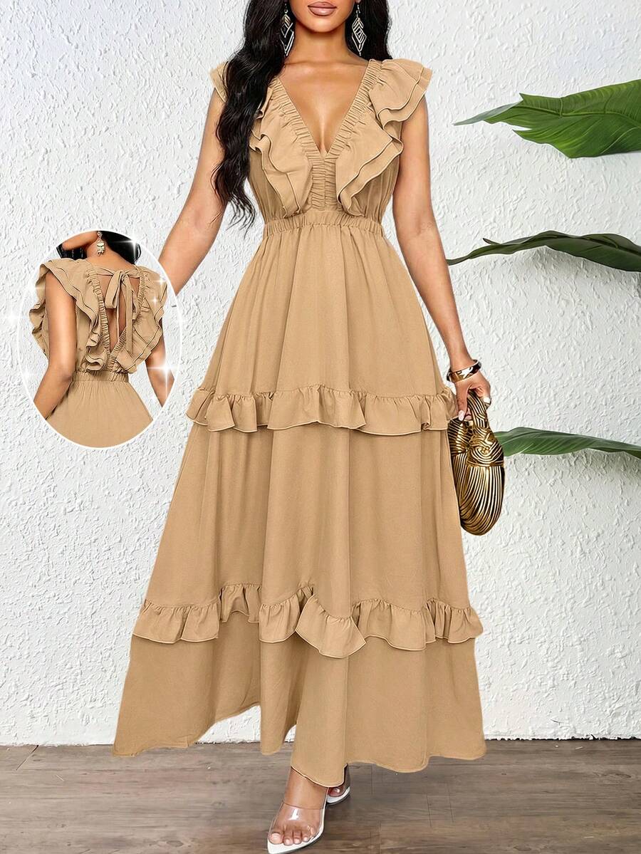 SHEIN Lady Vestido casual de vacaciones para mujer con dobladillo de volantes de unicolor - Caqui - Ver 1