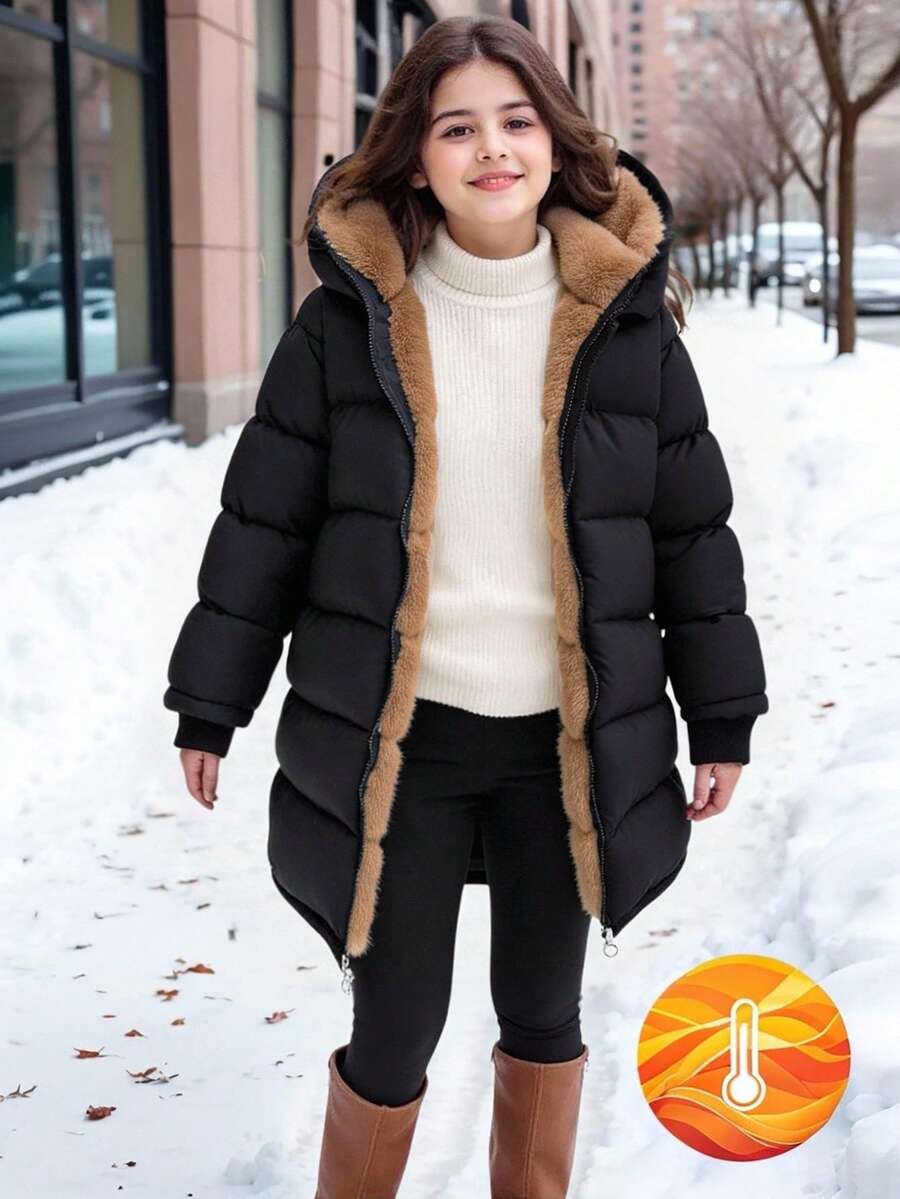 SHEIN 1件少女中長版長袖棉質鋪棉外套,內裡刷毛,舒適保暖素色外套 - 棕色 - 查看 1
